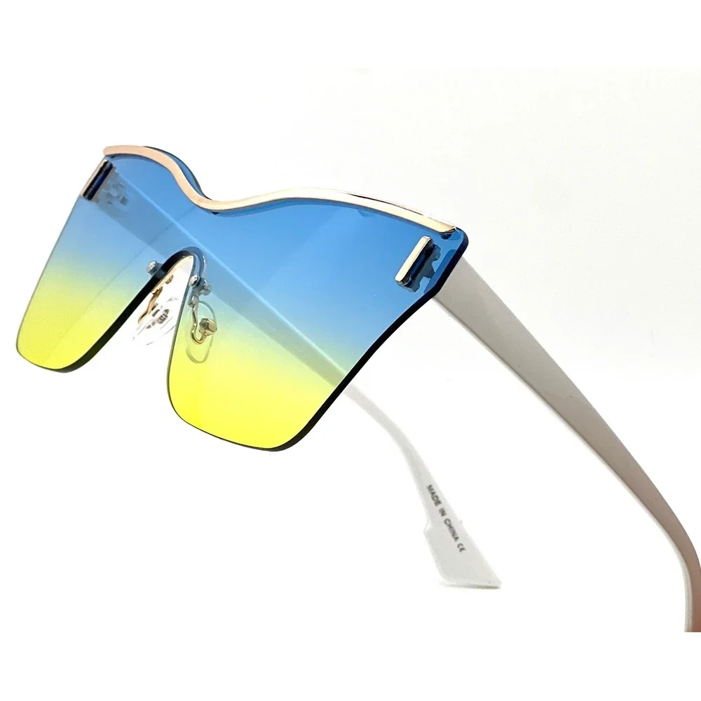 Womens Oversized Shield Sunglasses Blue Yellow Gradient Rimless Butterfly Shades